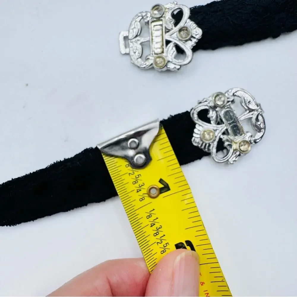 VTG WMCA Art Deco Silver Tone Belt Buckle Black Lace Belt Missing Rhinestones